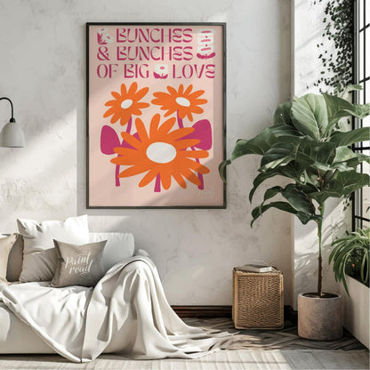 This charming digital illustration features two vibrant orange flowers with white centers, nestled … for living room