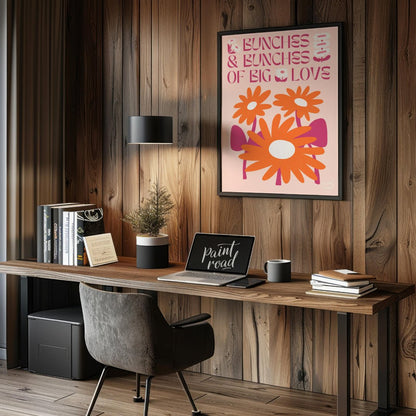 This charming digital illustration features two vibrant orange flowers with white centers, nestled … for office