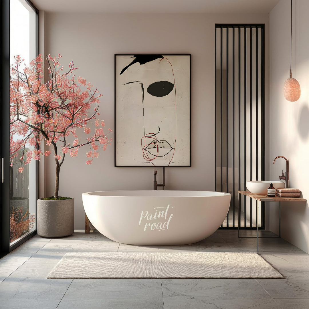 This artwork features a minimalist portrait of a face rendered in bold black strokes against a text… for bathroom