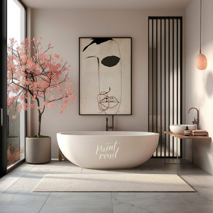 This artwork features a minimalist portrait of a face rendered in bold black strokes against a text… for bathroom