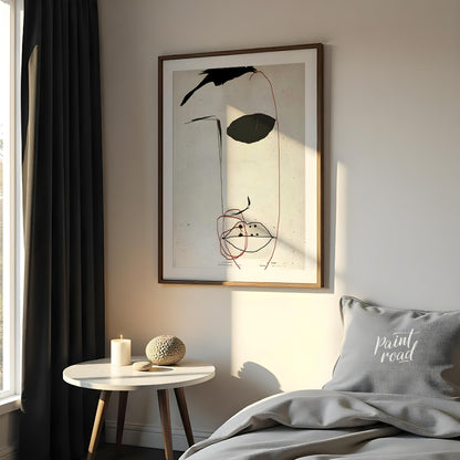 This artwork features a minimalist portrait of a face rendered in bold black strokes against a text… for bedroom