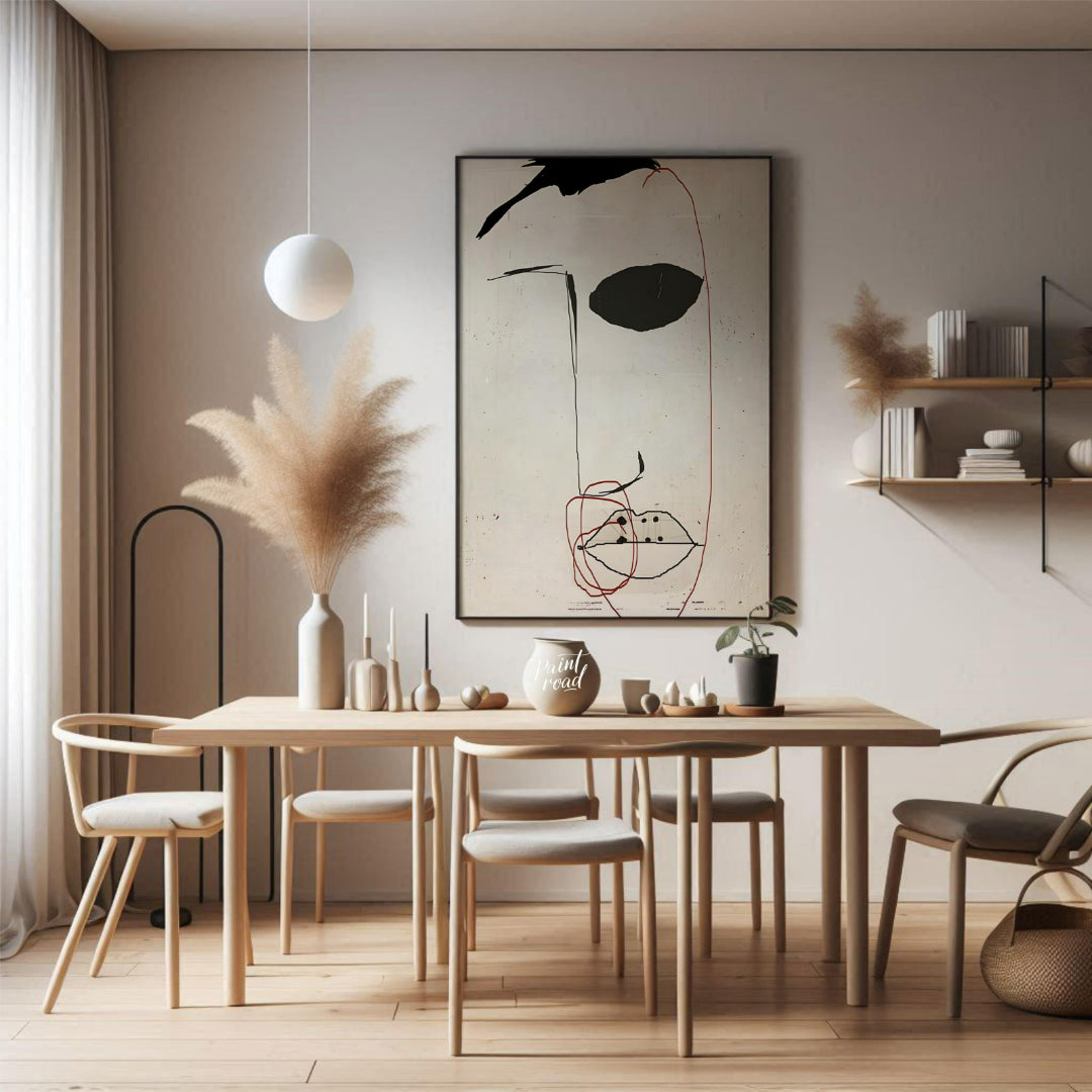 This artwork features a minimalist portrait of a face rendered in bold black strokes against a text… for dining room