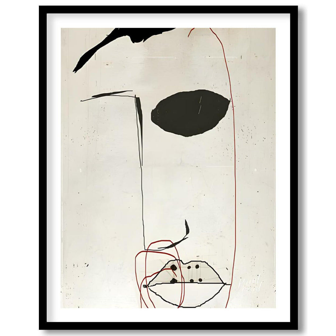 This artwork features a minimalist portrait of a face rendered in bold black strokes against a text… for home