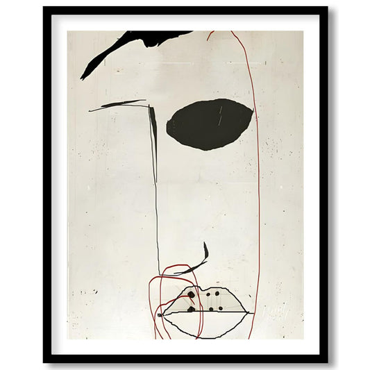 This artwork features a minimalist portrait of a face rendered in bold black strokes against a text… for home