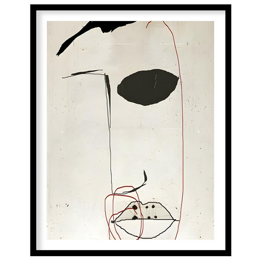 This artwork features a minimalist portrait of a face rendered in bold black strokes against a text… for home