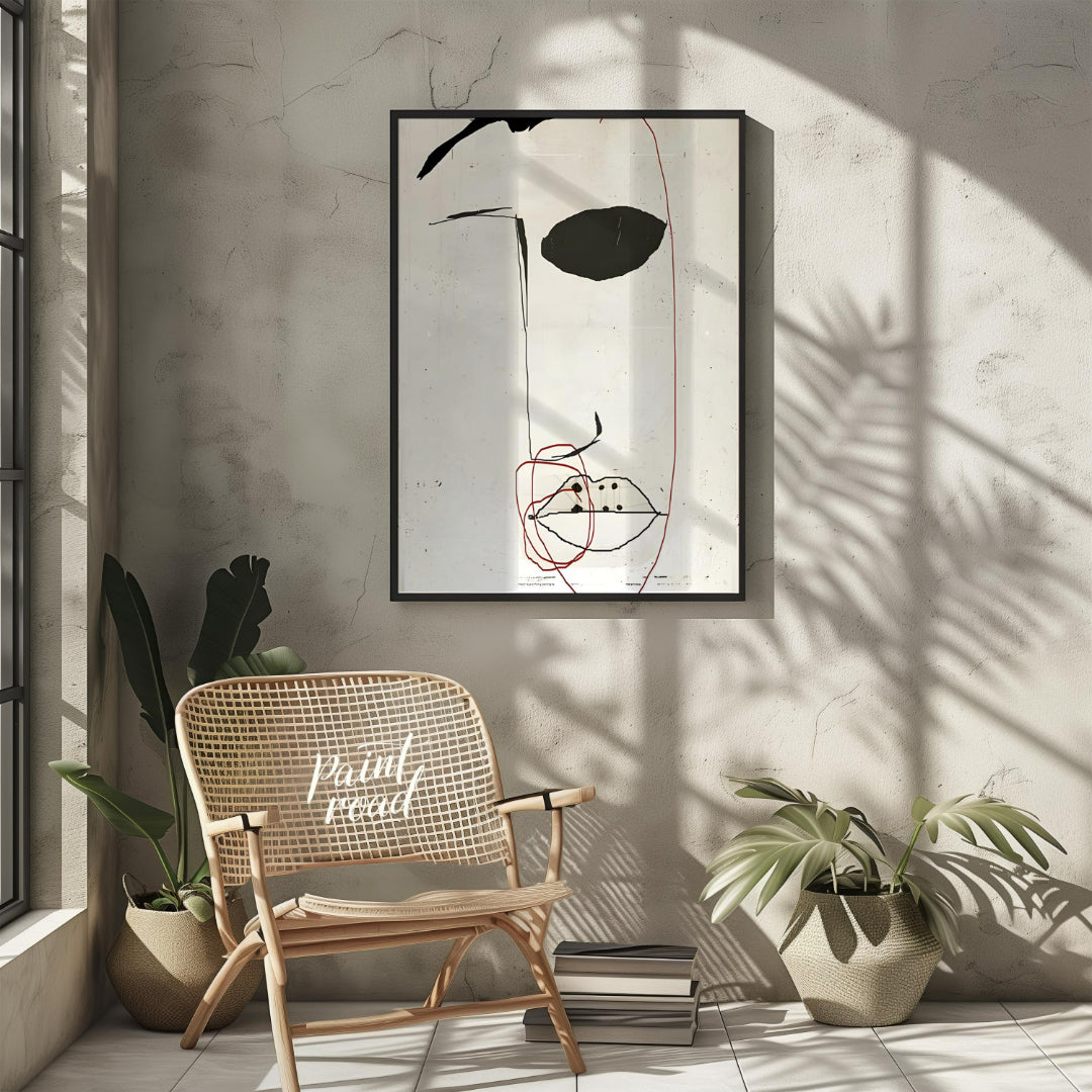 This artwork features a minimalist portrait of a face rendered in bold black strokes against a text… for living room