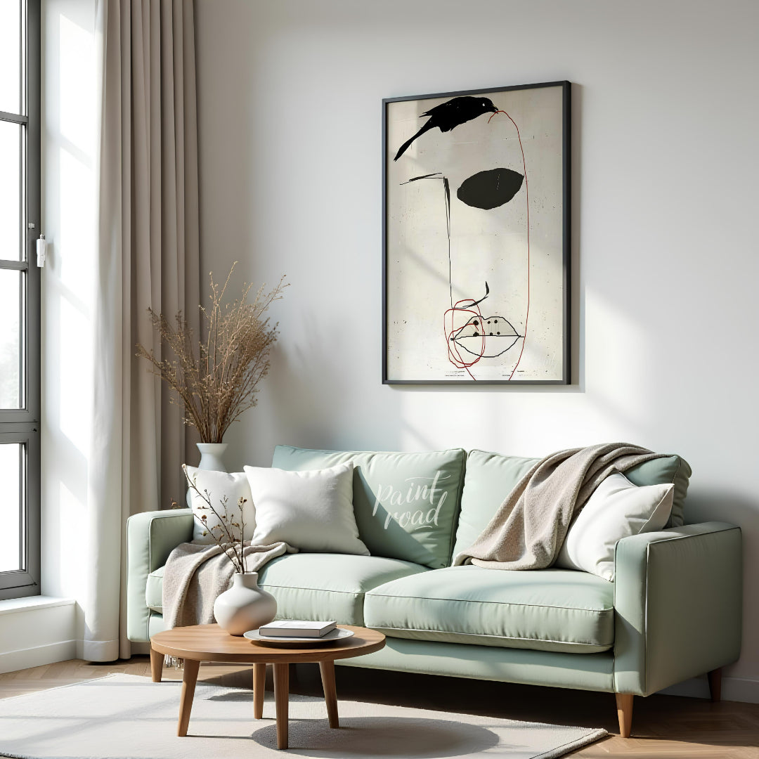 This artwork features a minimalist portrait of a face rendered in bold black strokes against a text… for living room