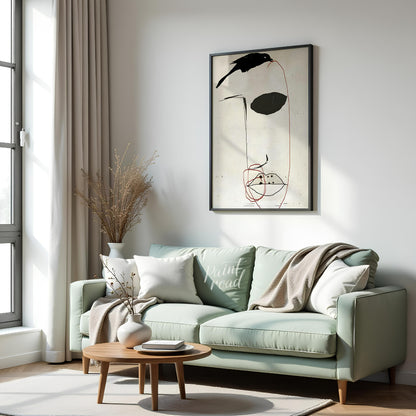 This artwork features a minimalist portrait of a face rendered in bold black strokes against a text… for living room