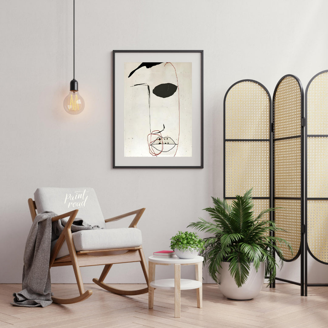 This artwork features a minimalist portrait of a face rendered in bold black strokes against a text… for living room