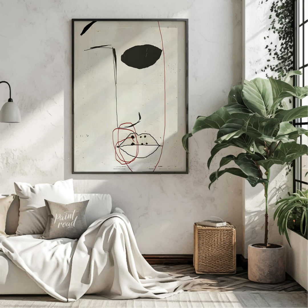 This artwork features a minimalist portrait of a face rendered in bold black strokes against a text… for living room
