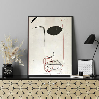 This artwork features a minimalist portrait of a face rendered in bold black strokes against a text… for office