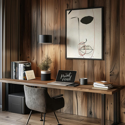 This artwork features a minimalist portrait of a face rendered in bold black strokes against a text… for office