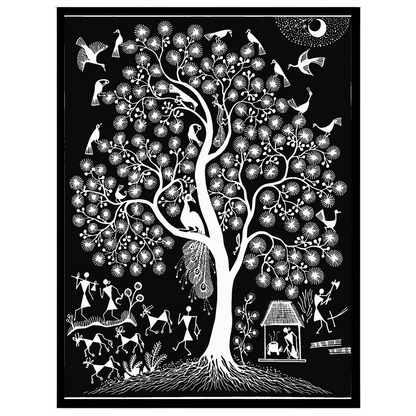 This enchanting Warli art piece captures the vibrant dance of life among the branches of a majestic for abode