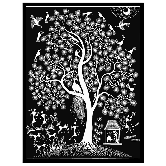 This enchanting Warli art piece captures the vibrant dance of life among the branches of a majestic for abode