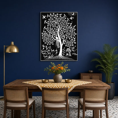 This enchanting Warli art piece captures the vibrant dance of life among the branches of a majestic for Dining