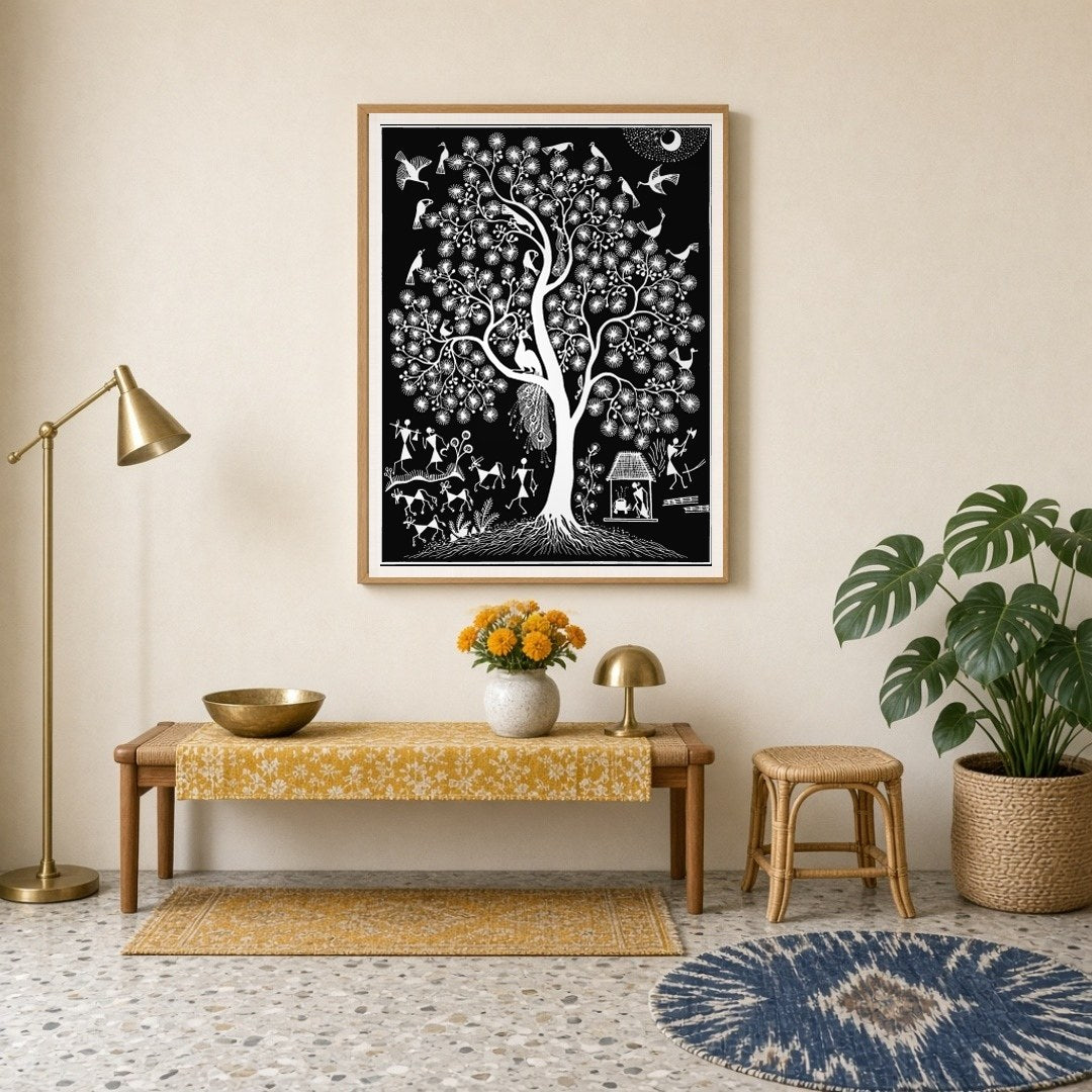 This enchanting Warli art piece captures the vibrant dance of life among the branches of a majestic for Entrance