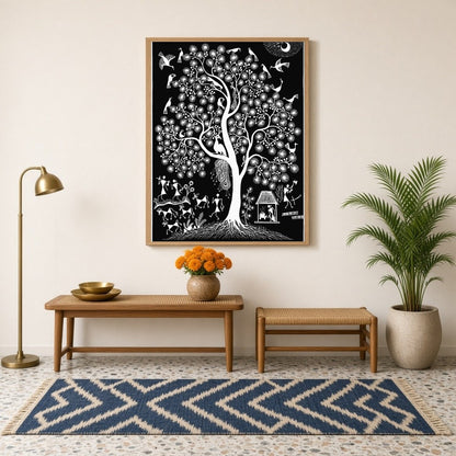 This enchanting Warli art piece captures the vibrant dance of life among the branches of a majestic for Hallway