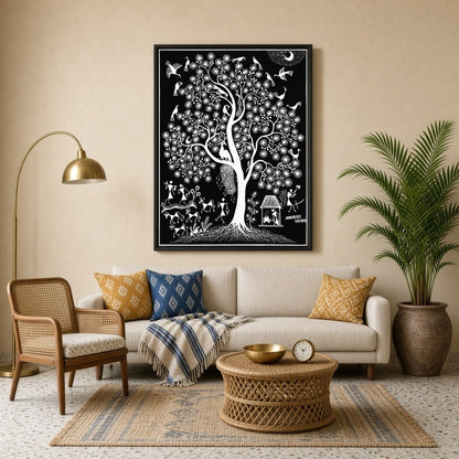 This enchanting Warli art piece captures the vibrant dance of life among the branches of a majestic for Living Room