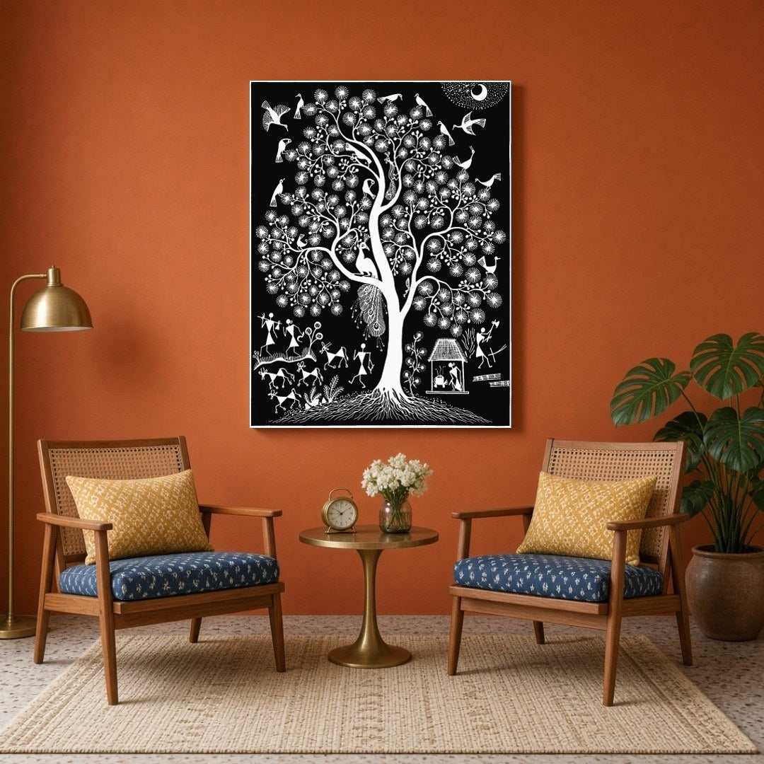 This enchanting Warli art piece captures the vibrant dance of life among the branches of a majestic for Sitting Area