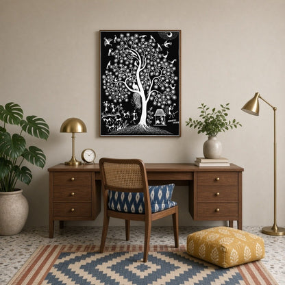 This enchanting Warli art piece captures the vibrant dance of life among the branches of a majestic for Study