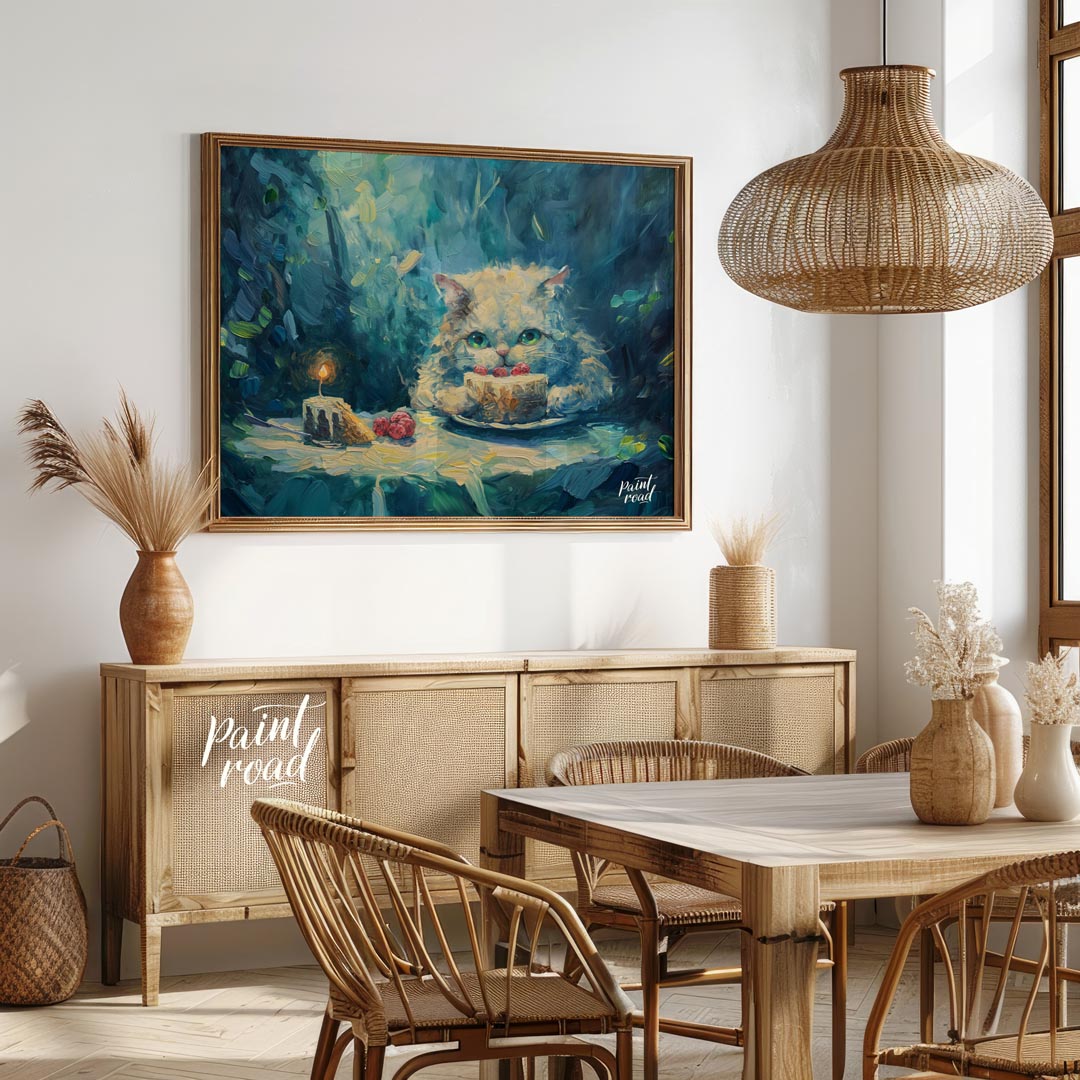 This charming oil painting features a fluffy white cat with captivating green eyes, peering over a … for dining room