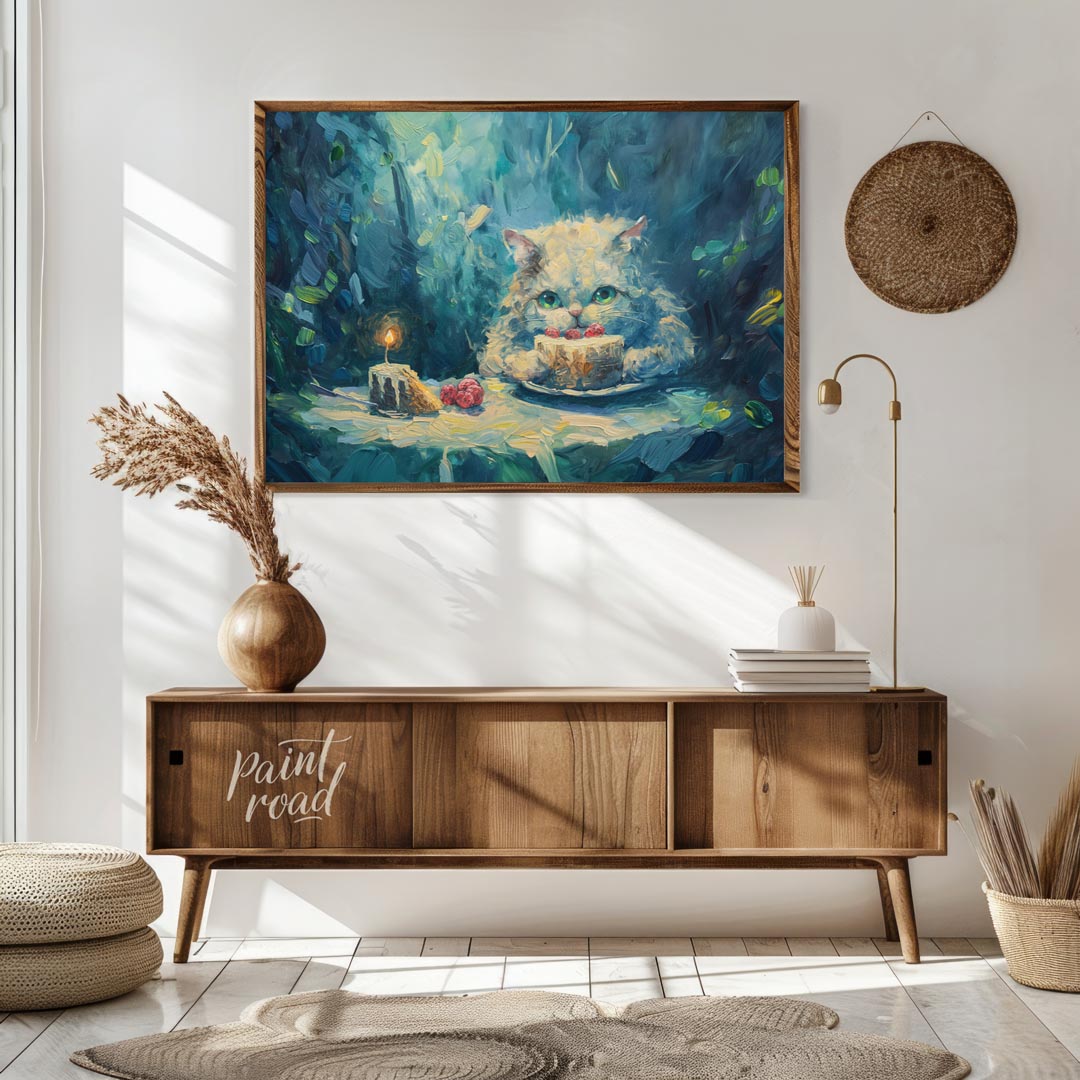 This charming oil painting features a fluffy white cat with captivating green eyes, peering over a … for living room