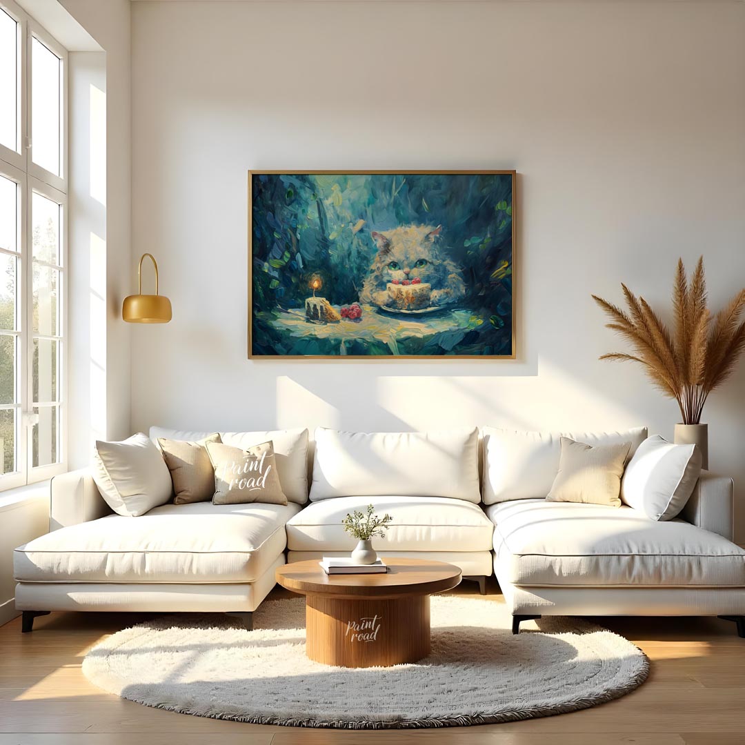 This charming oil painting features a fluffy white cat with captivating green eyes, peering over a … for living room