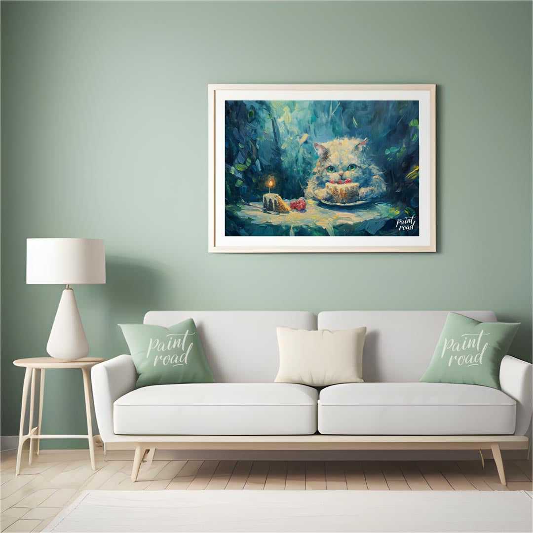 This charming oil painting features a fluffy white cat with captivating green eyes, peering over a … for living room