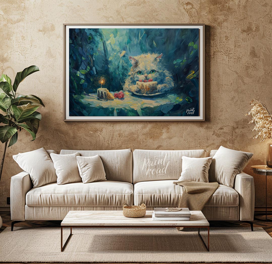 This charming oil painting features a fluffy white cat with captivating green eyes, peering over a … for living room