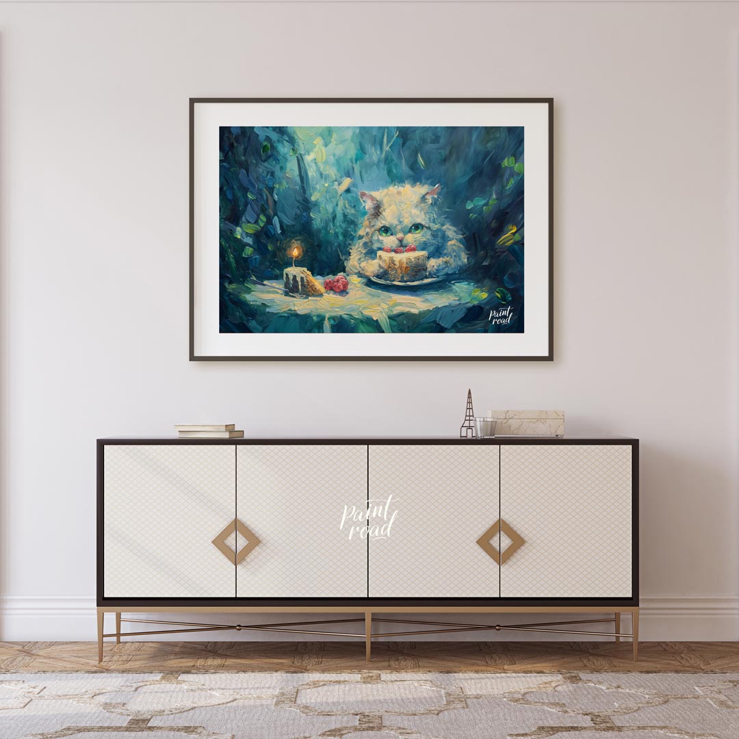 This charming oil painting features a fluffy white cat with captivating green eyes, peering over a … for living room