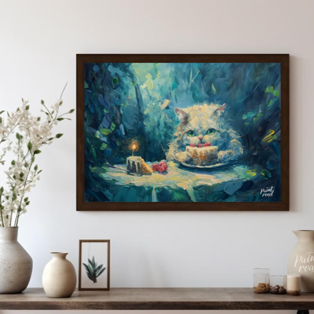 This charming oil painting features a fluffy white cat with captivating green eyes, peering over a … for living room