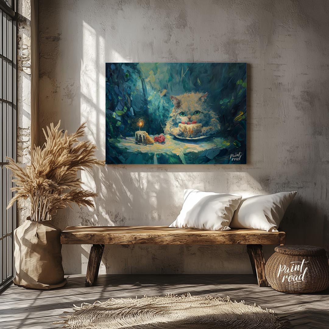 This charming oil painting features a fluffy white cat with captivating green eyes, peering over a … for living room