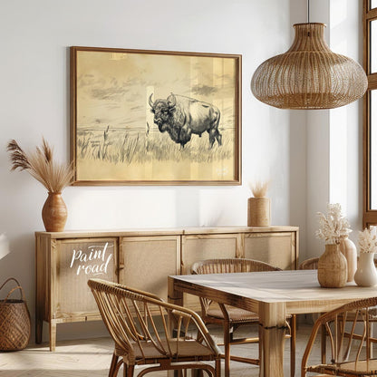 This evocative pencil sketch captures the majestic presence of a bison standing in a vast, open pra… for dining room