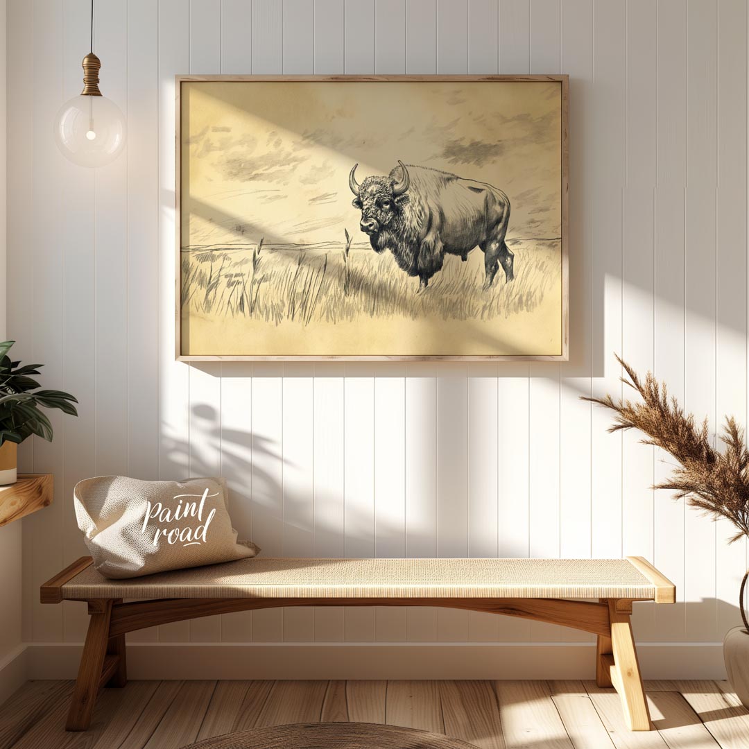 This evocative pencil sketch captures the majestic presence of a bison standing in a vast, open pra… for entryway