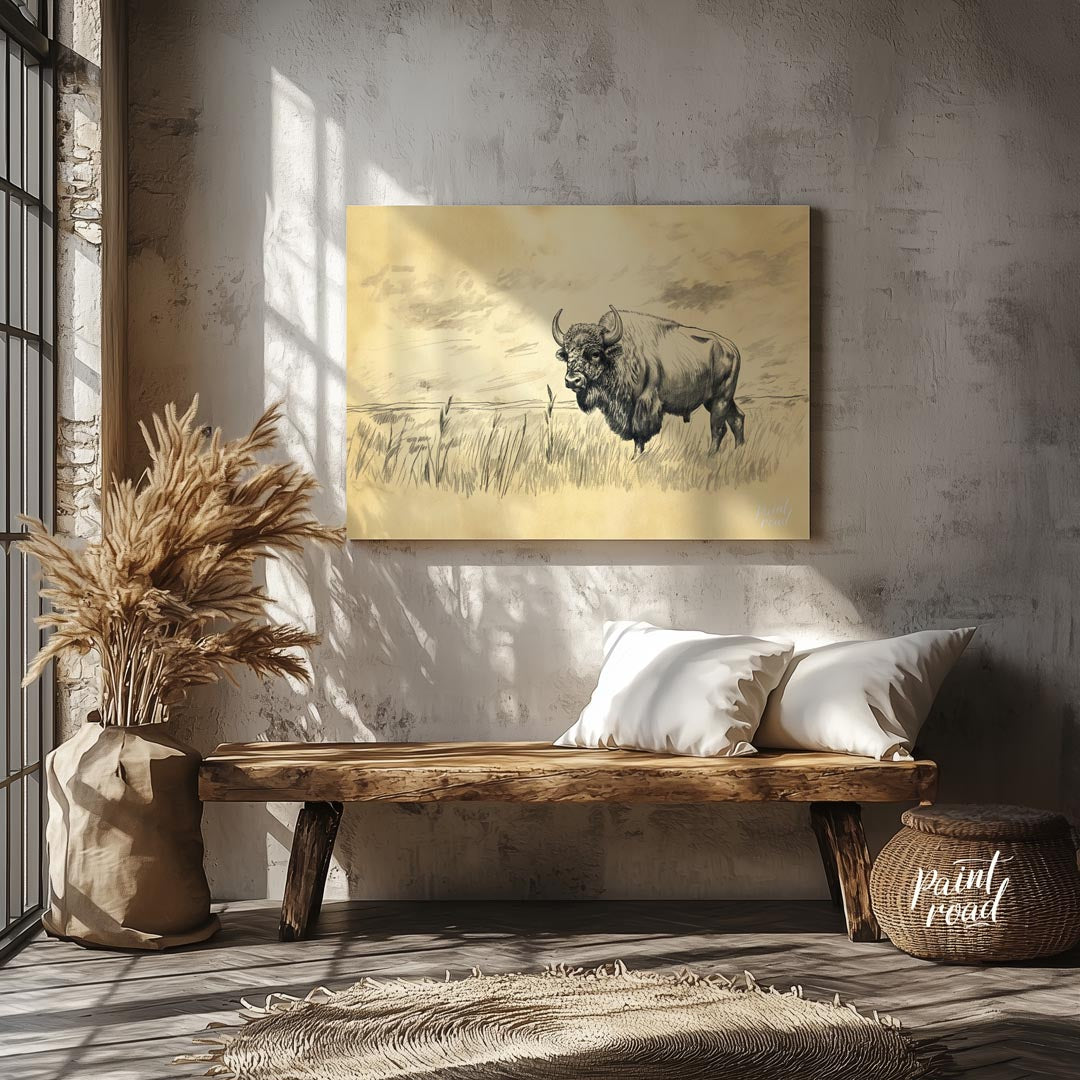 This evocative pencil sketch captures the majestic presence of a bison standing in a vast, open pra… for entryway