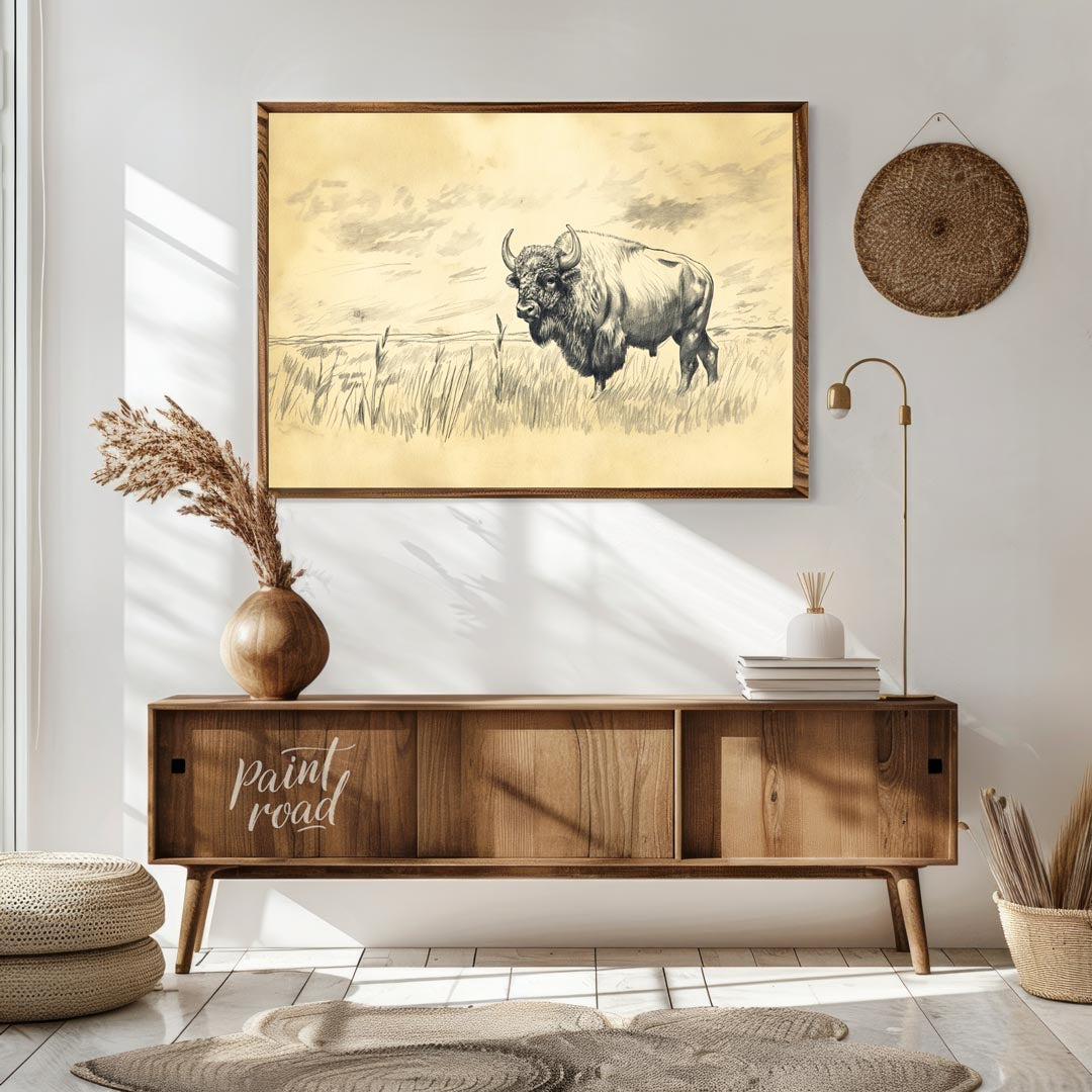 This evocative pencil sketch captures the majestic presence of a bison standing in a vast, open pra… for living room