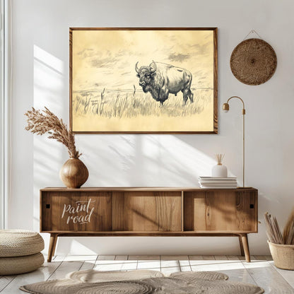 This evocative pencil sketch captures the majestic presence of a bison standing in a vast, open pra… for living room