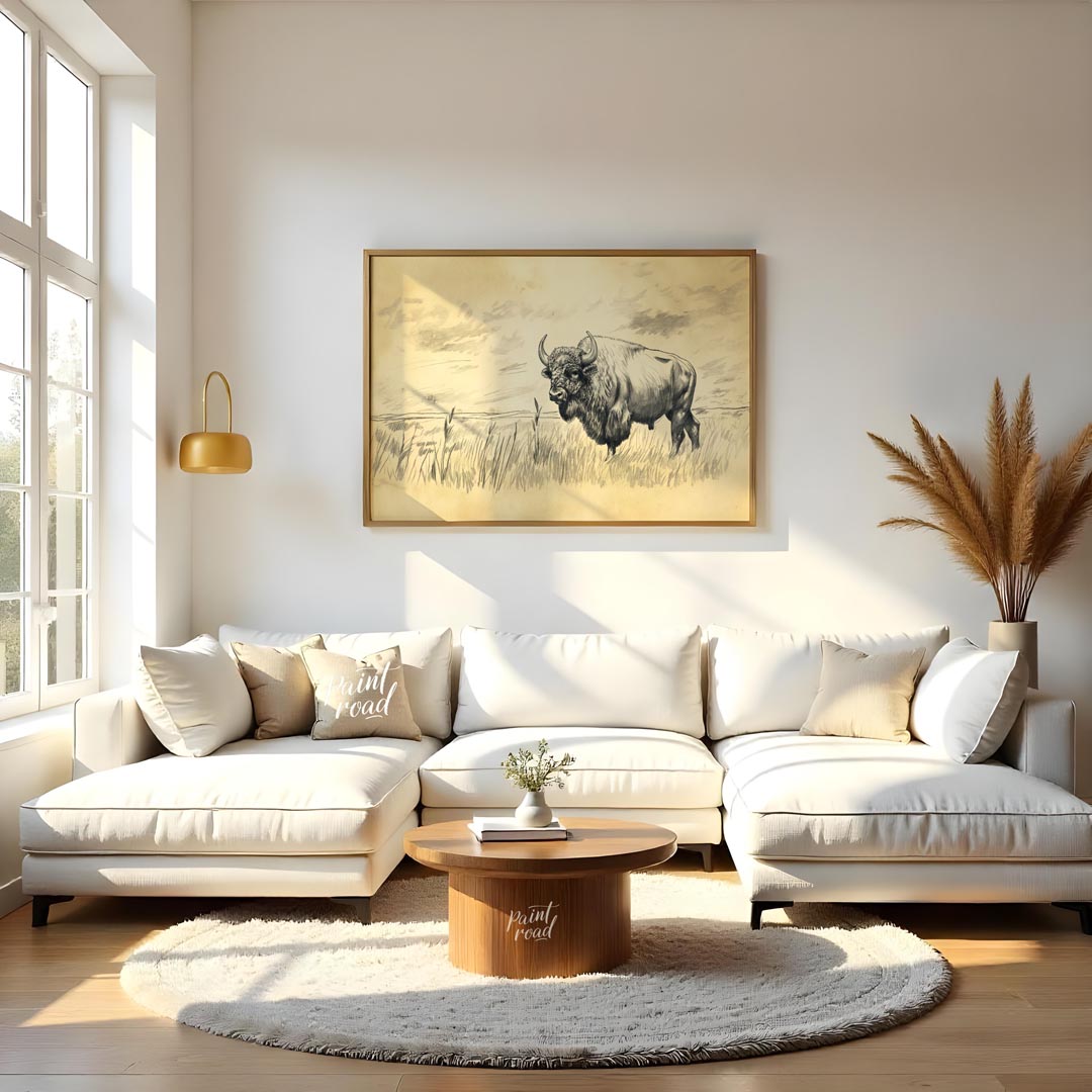 This evocative pencil sketch captures the majestic presence of a bison standing in a vast, open pra… for living room