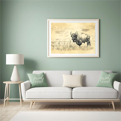 This evocative pencil sketch captures the majestic presence of a bison standing in a vast, open pra… for living room