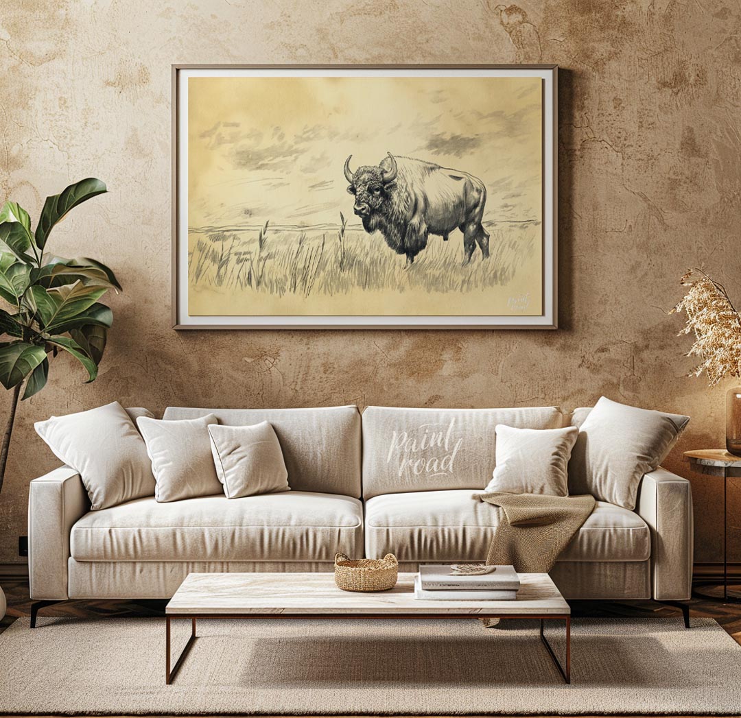 This evocative pencil sketch captures the majestic presence of a bison standing in a vast, open pra… for living room