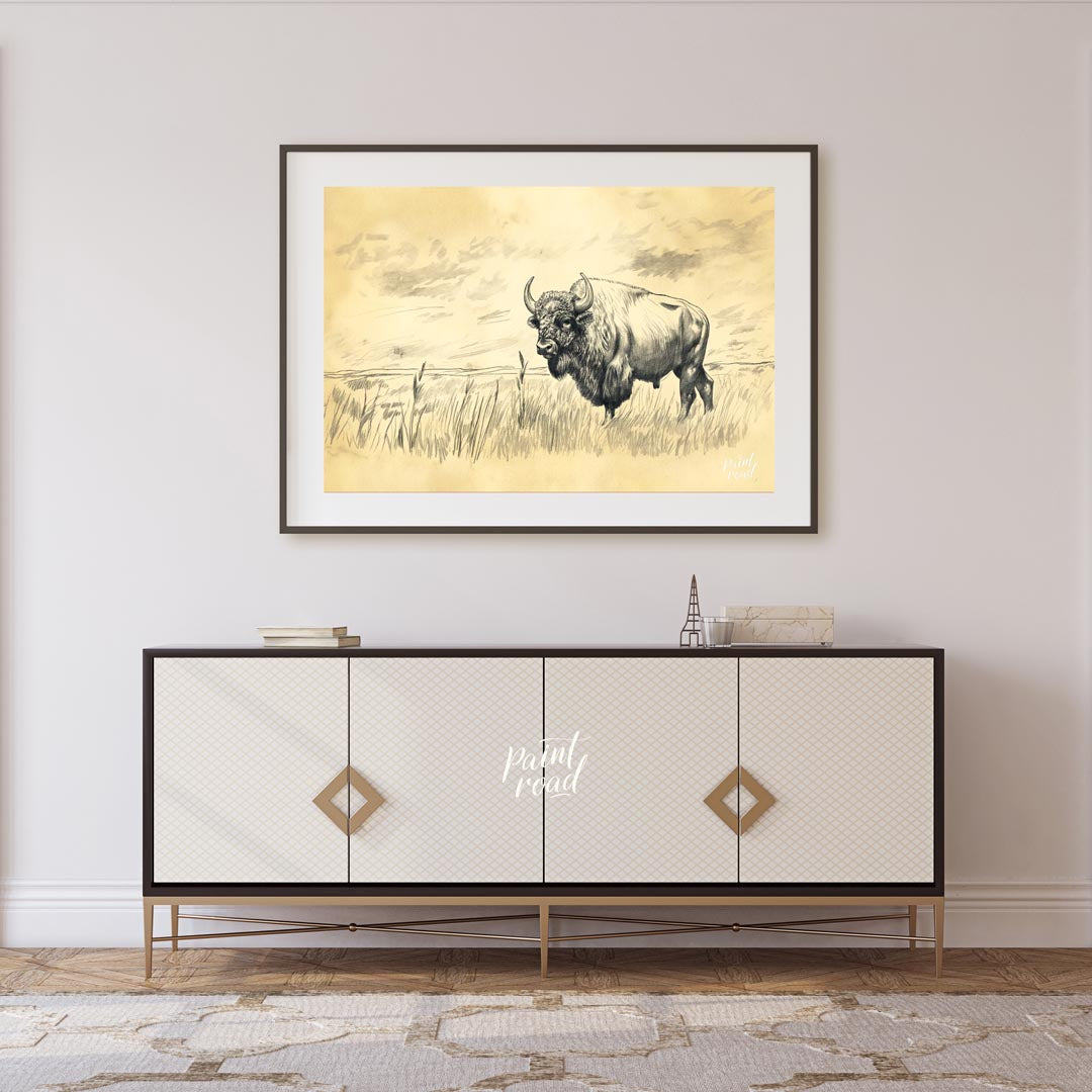 This evocative pencil sketch captures the majestic presence of a bison standing in a vast, open pra… for living room