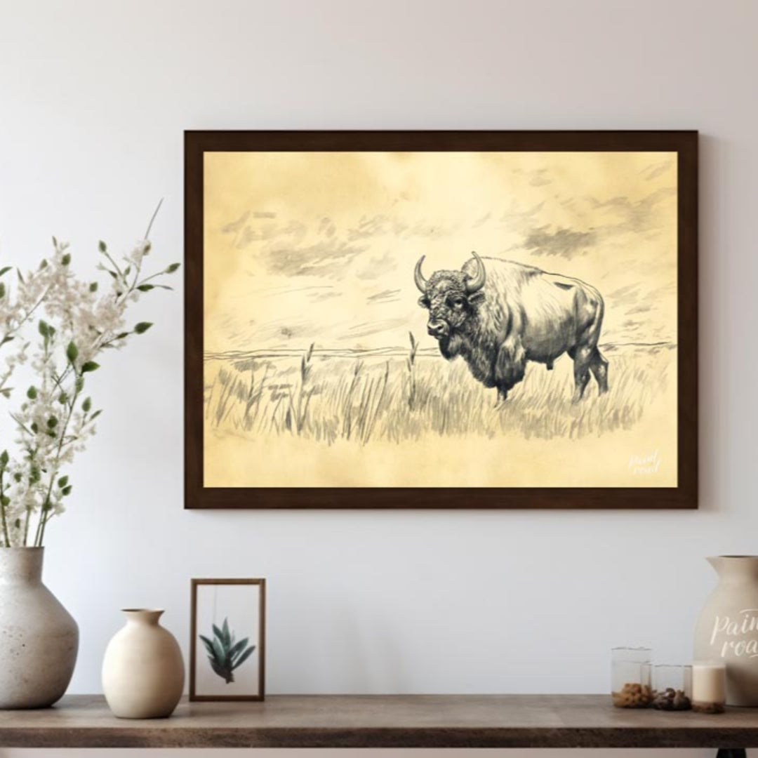 This evocative pencil sketch captures the majestic presence of a bison standing in a vast, open pra… for living room
