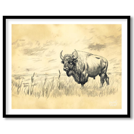 This evocative pencil sketch captures the majestic presence of a bison standing in a vast, open pra… for place