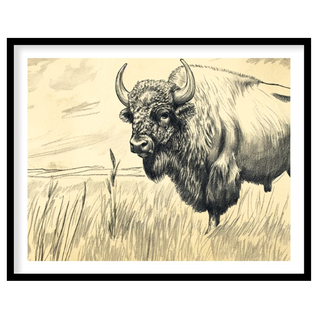 This evocative pencil sketch captures the majestic presence of a bison standing in a vast, open pra… for place