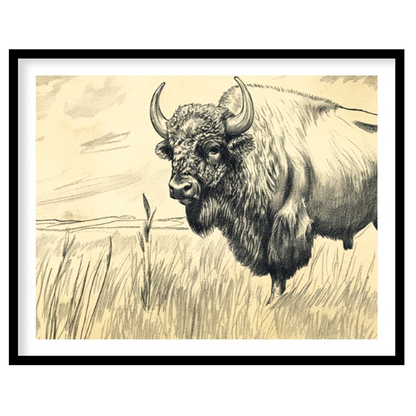 This evocative pencil sketch captures the majestic presence of a bison standing in a vast, open pra… for place