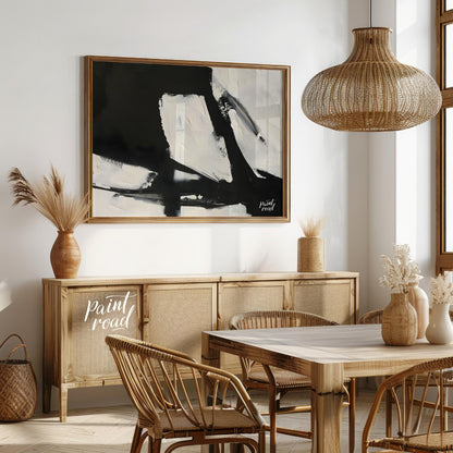 This abstract painting features a dynamic interplay of stark black and white shapes, creating a sen… for dining room