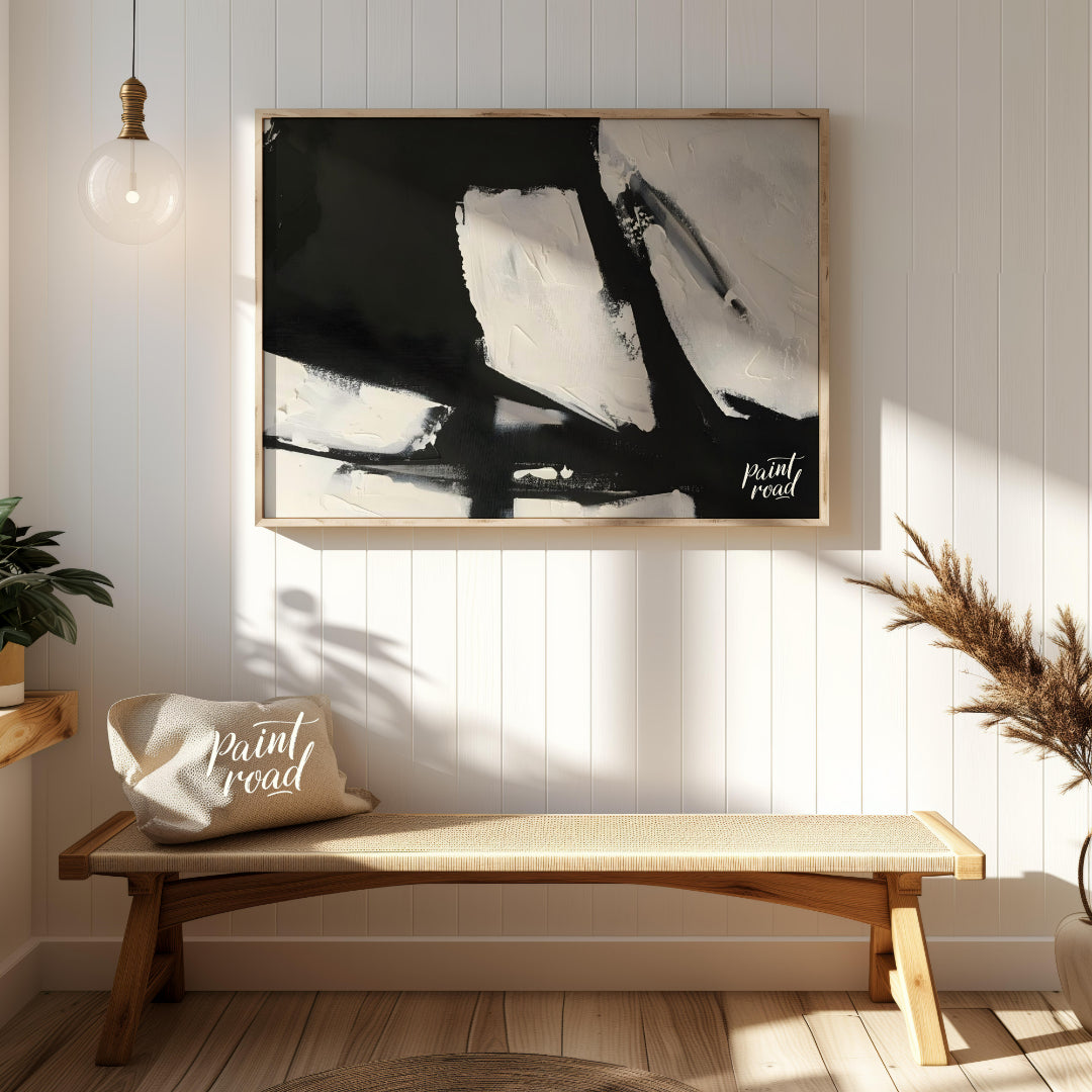 This abstract painting features a dynamic interplay of stark black and white shapes, creating a sen… for entryway