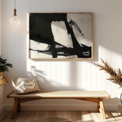 This abstract painting features a dynamic interplay of stark black and white shapes, creating a sen… for entryway