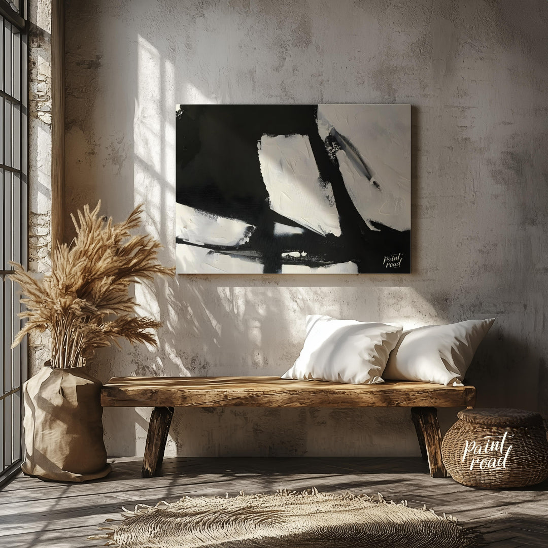 This abstract painting features a dynamic interplay of stark black and white shapes, creating a sen… for entryway