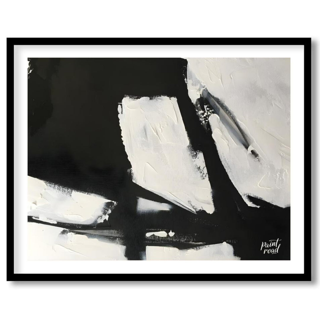 This abstract painting features a dynamic interplay of stark black and white shapes, creating a sen… for house
